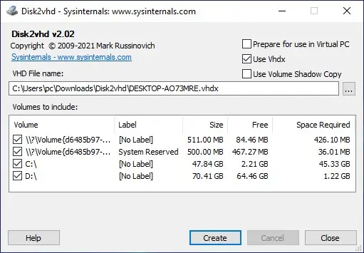 Sysinternals Disk2vhd 1