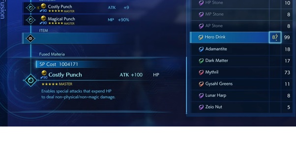 crisis core hero drink, reunion max stats, max level- Costly Punch