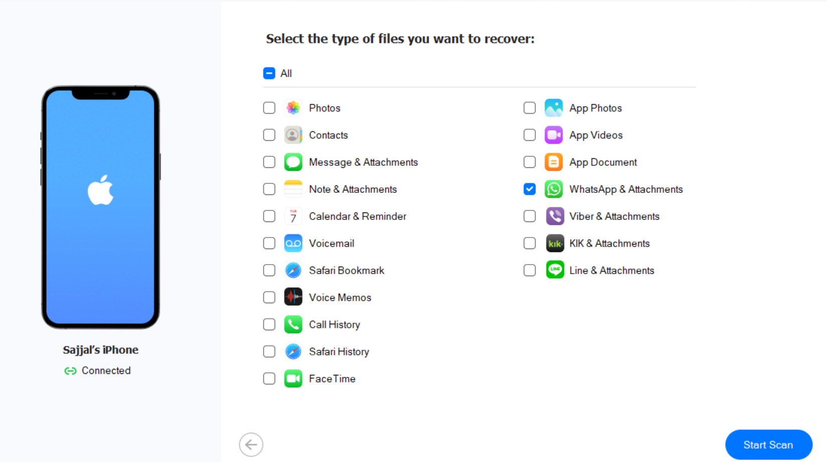Select WhatsApp and tap on Start Scan